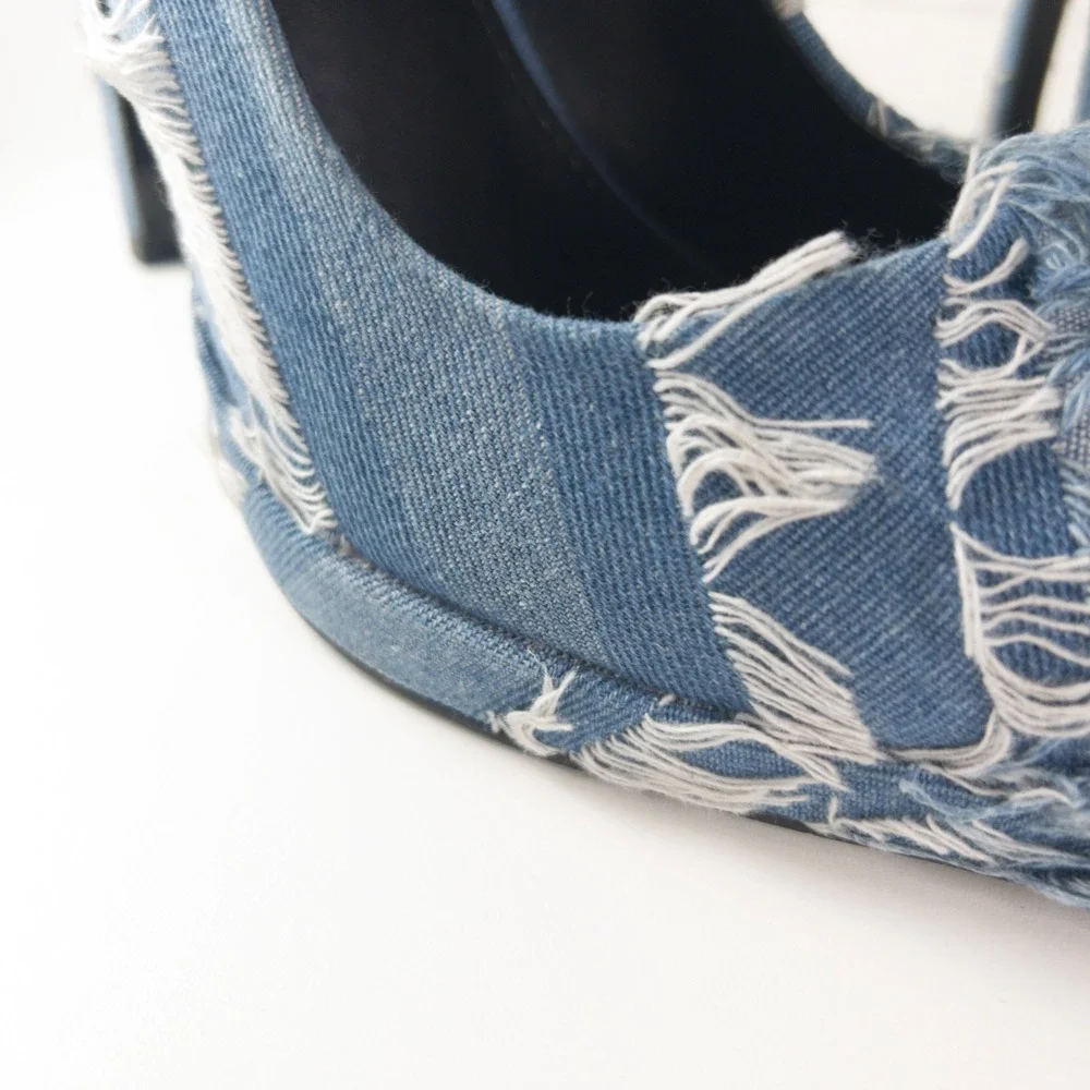 Azalea Wang Giada Denim Platform Pumps Womens 9 Frayed Patchwork Pointy Stiletto